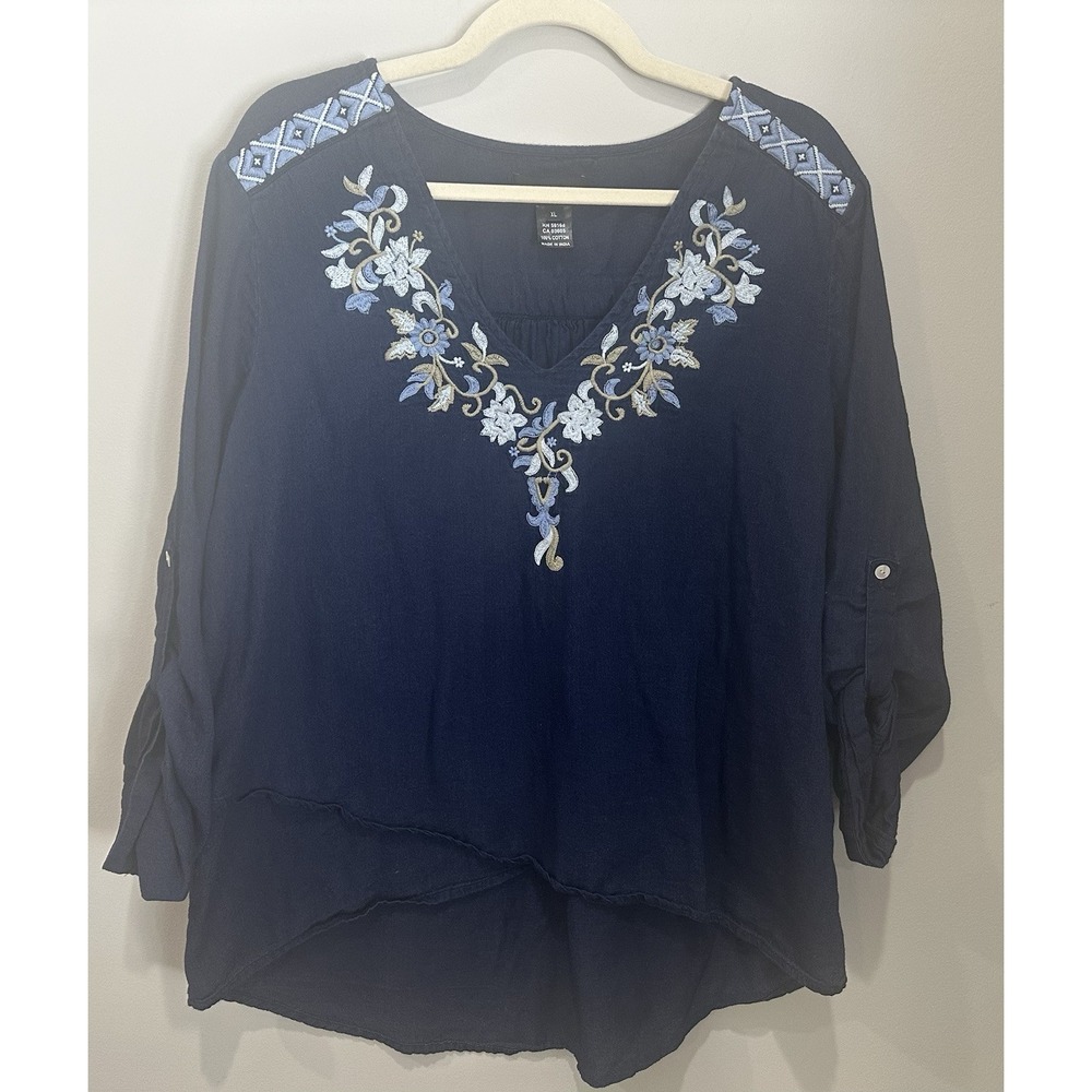Karen Kane Navy Embroidered‎ Floral Long Sleeve Top Blouse Blue Women's  XL Boho